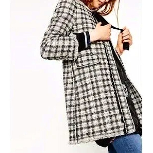 ZARA Check Tweed Frayed Coat With Bow Detail - Picture 2 of 6